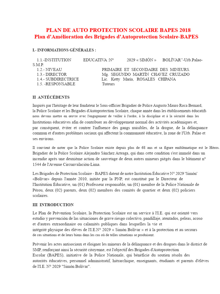 Plan de Protection Scolaire BAPES 2018 | PDF | Sécurité | Loi