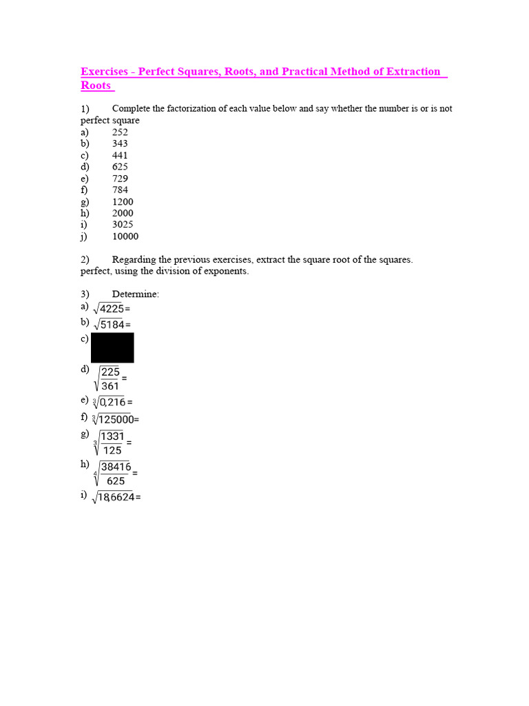 Perfect Squares and Roots Exercises | PDF