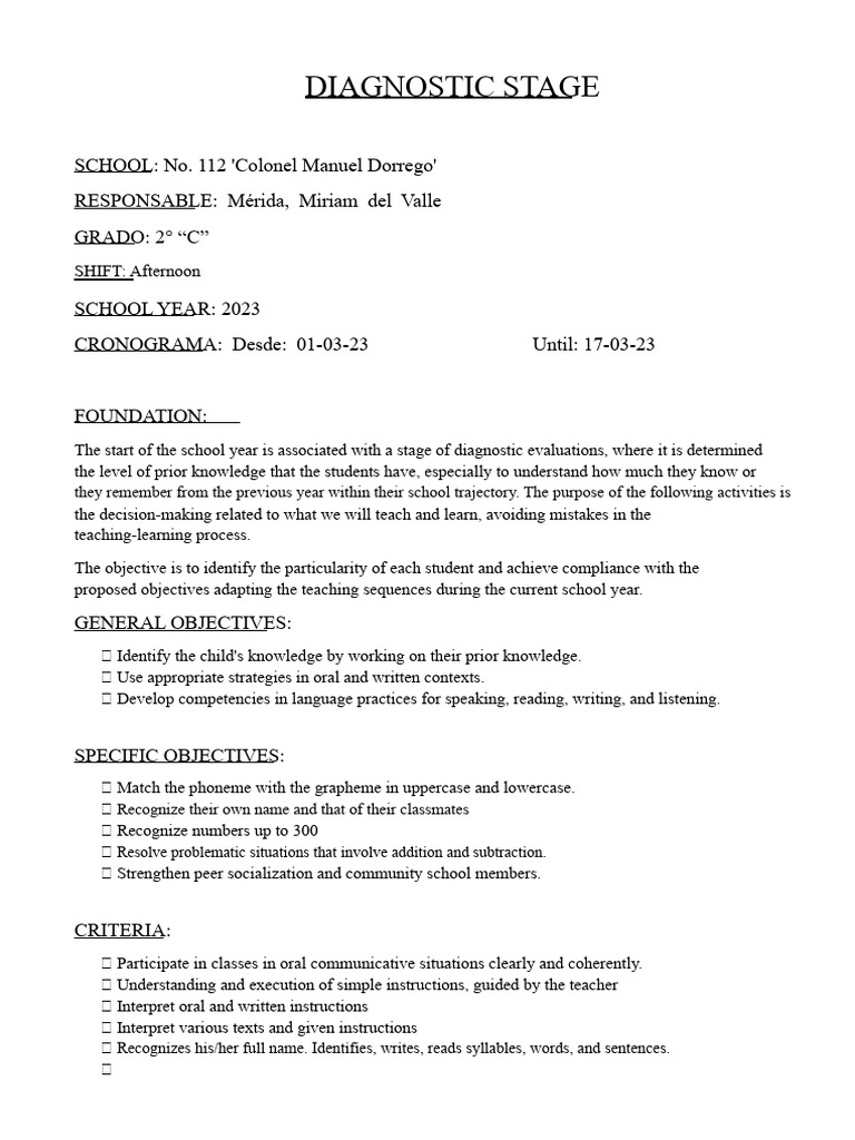 Diagnostic Evaluation Plan for 2nd Grade | PDF | Alphabet | Writing