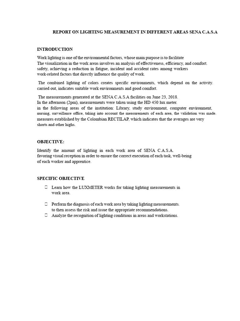 Lighting Measurement Report in Different Areas Sena C | PDF | Lighting