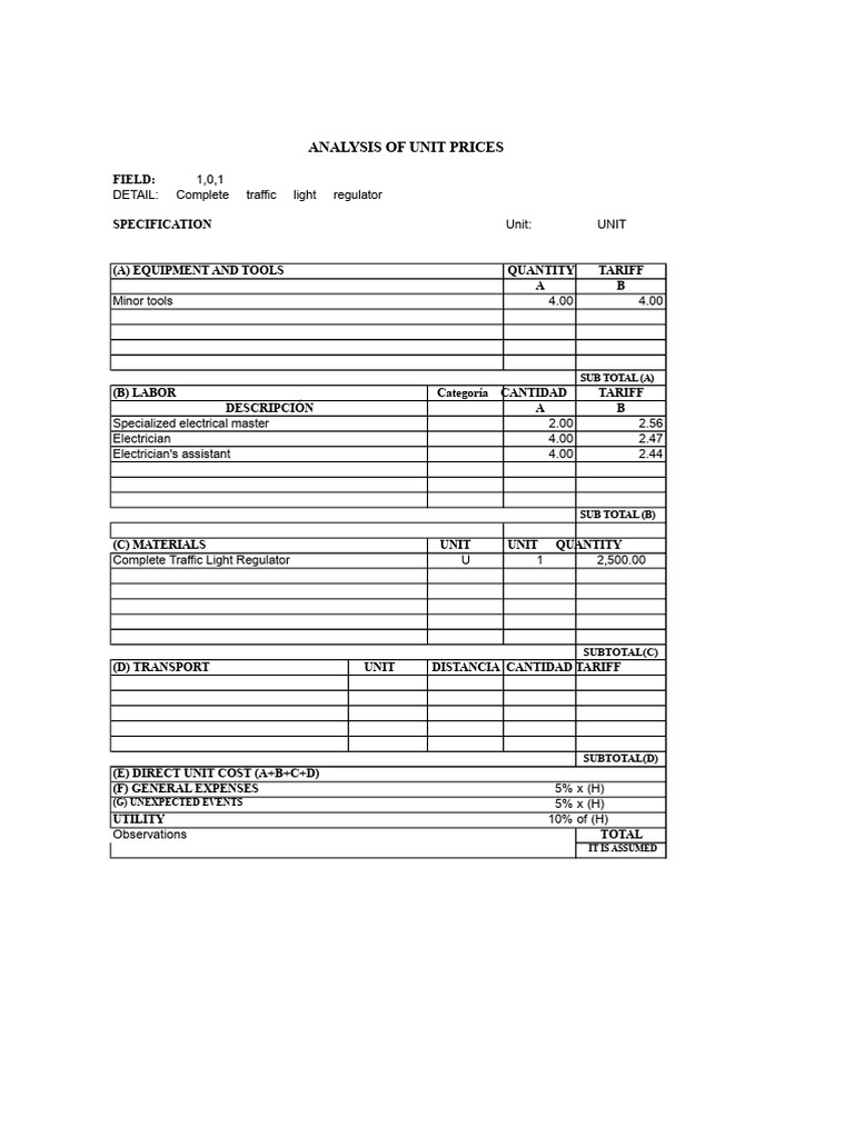 Unit Price Analysis for Traffic Lights | PDF | Electrician | Traffic Light
