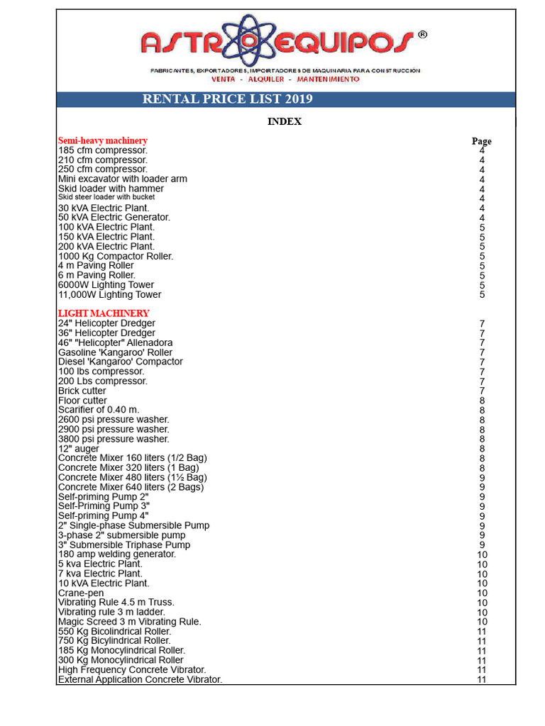 2018-2019 Machinery Rental Price List | PDF | Engines | Drill