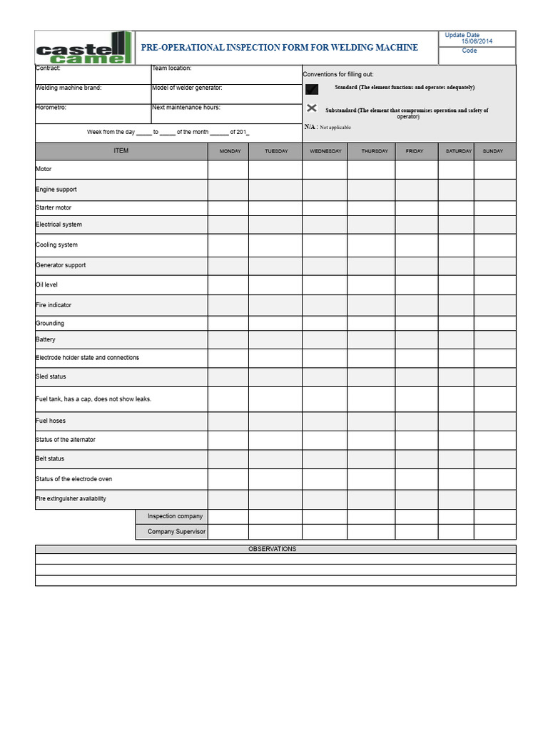 Preoperational Inspection Format For Welding Machine | PDF