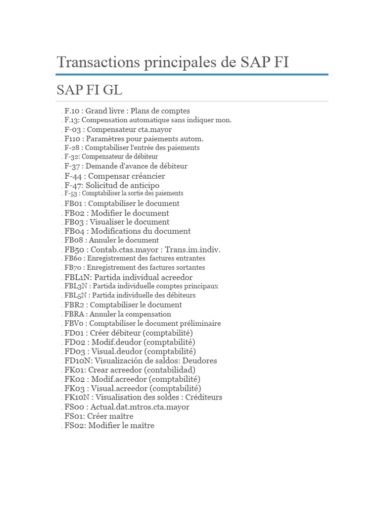 Transactions SAP FI : Guide Complet | PDF | Facture | Comptabilité