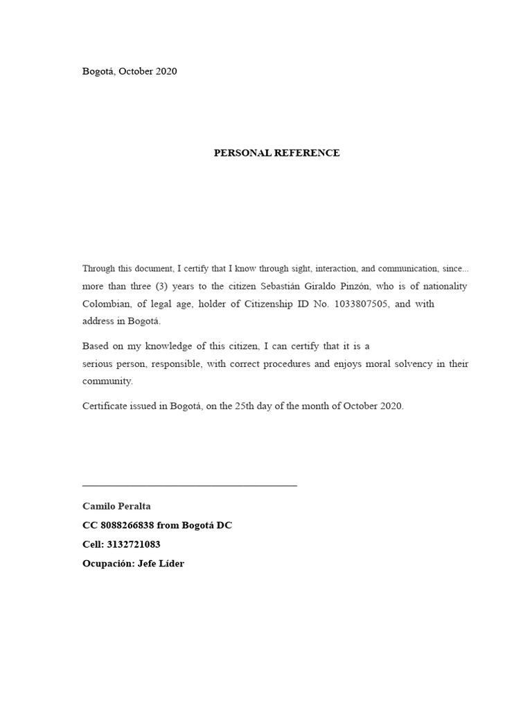 Personal Reference Certificate for Sebastián Giraldo | PDF