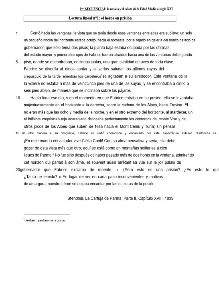 Lectura Lineal N°1 TEXTO y CORRECCIÓN (La Cartuja de Parma) | PDF