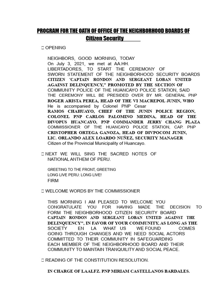 Oath Ceremony for Neighborhood Security Boards | PDF | Cultural ...