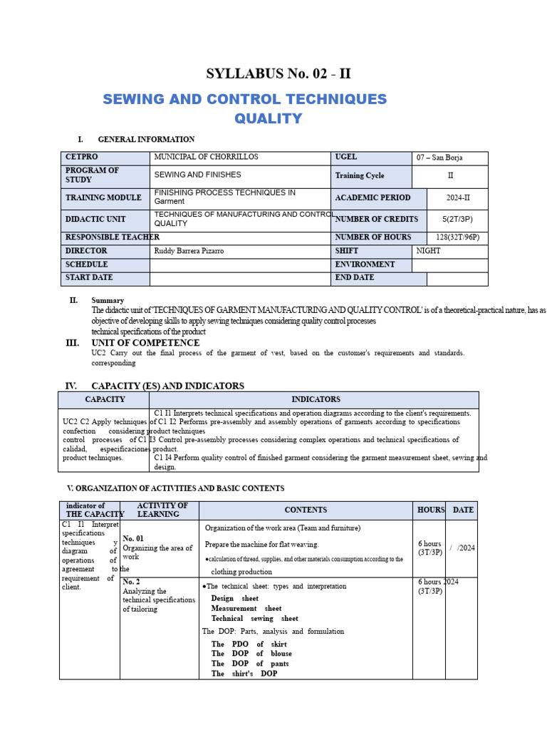 Sewing Techniques and Quality Control Syllabus | PDF | Textiles | Blouse