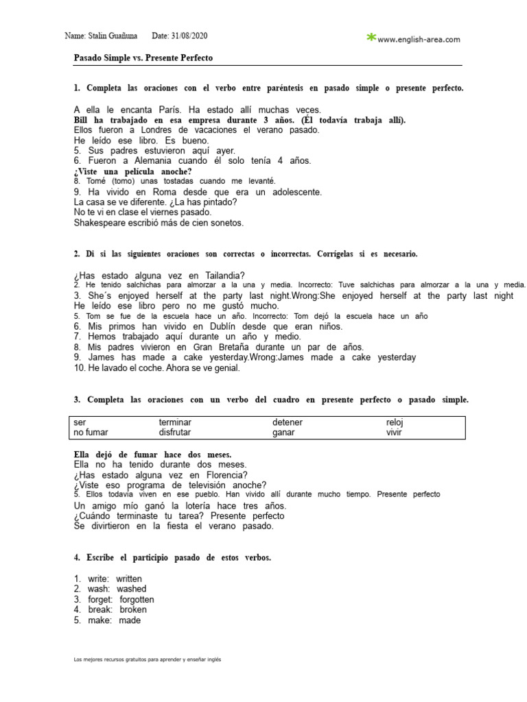 Pasado Simple y Presente Perfecto en Inglés | PDF