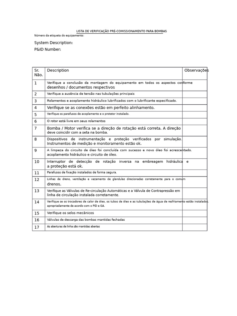 Checklist Pré-Comissionamento de Bombas | PDF