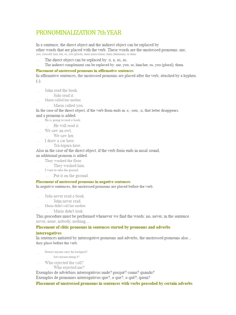 Understanding Pronoun Placement Rules | PDF | Pronoun | Syntactic ...