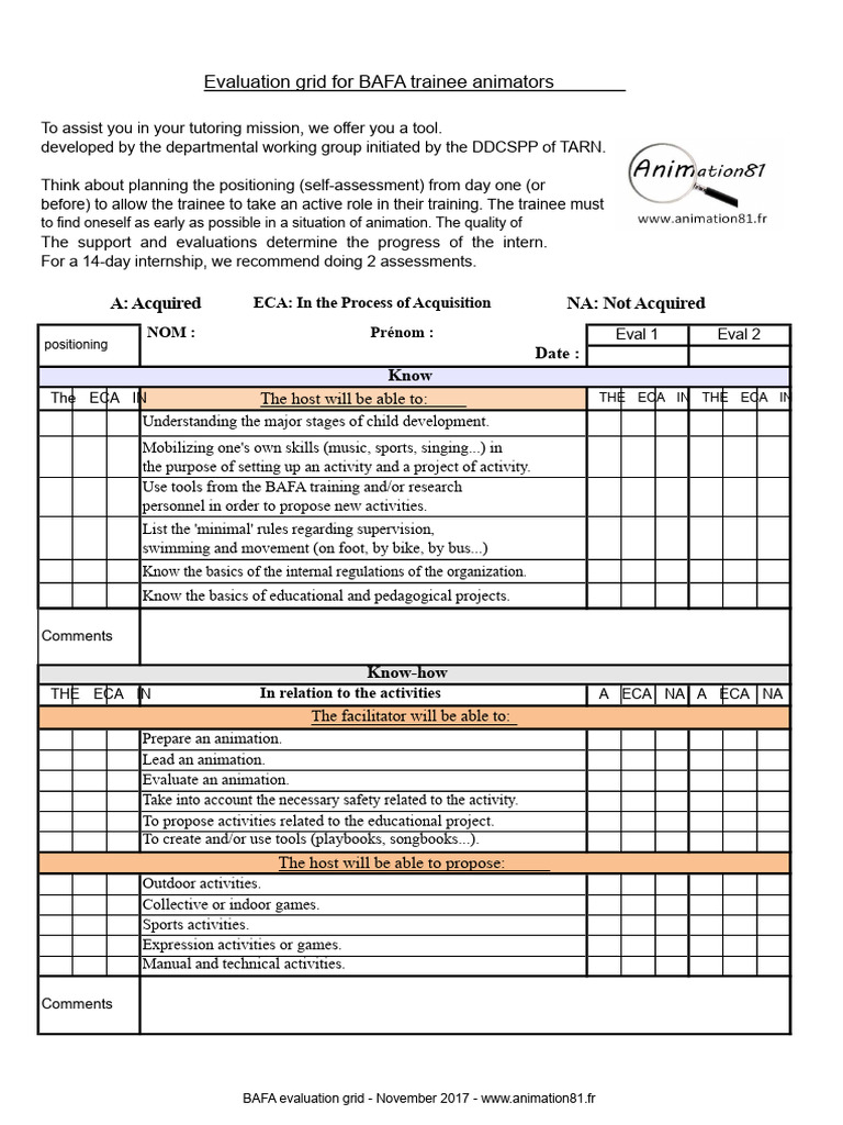 BAFA Trainee Animator Evaluation Grid | PDF | Cognition | Psychological ...