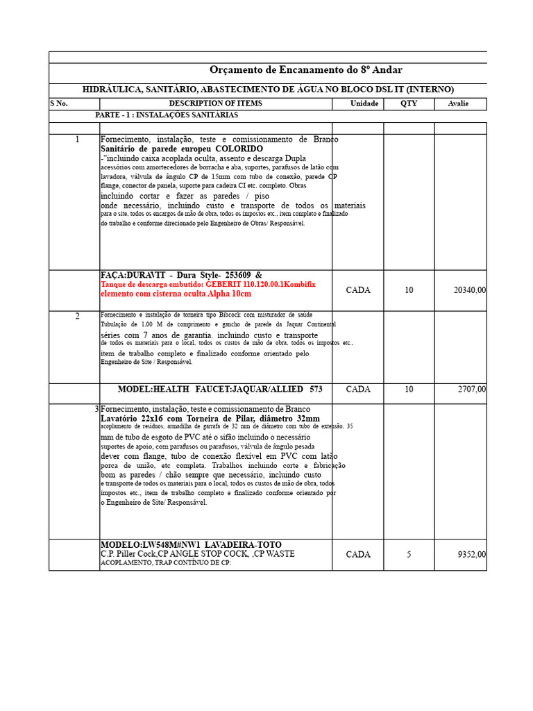 Lista de Quantidades de Encanamento Do 8º Andar | PDF | Encanamento ...