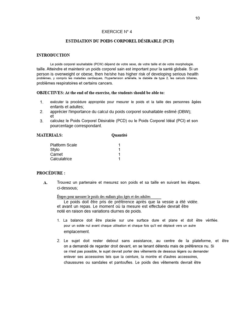 Estimation du Poids Corporel Désirable | PDF | Indice de masse ...