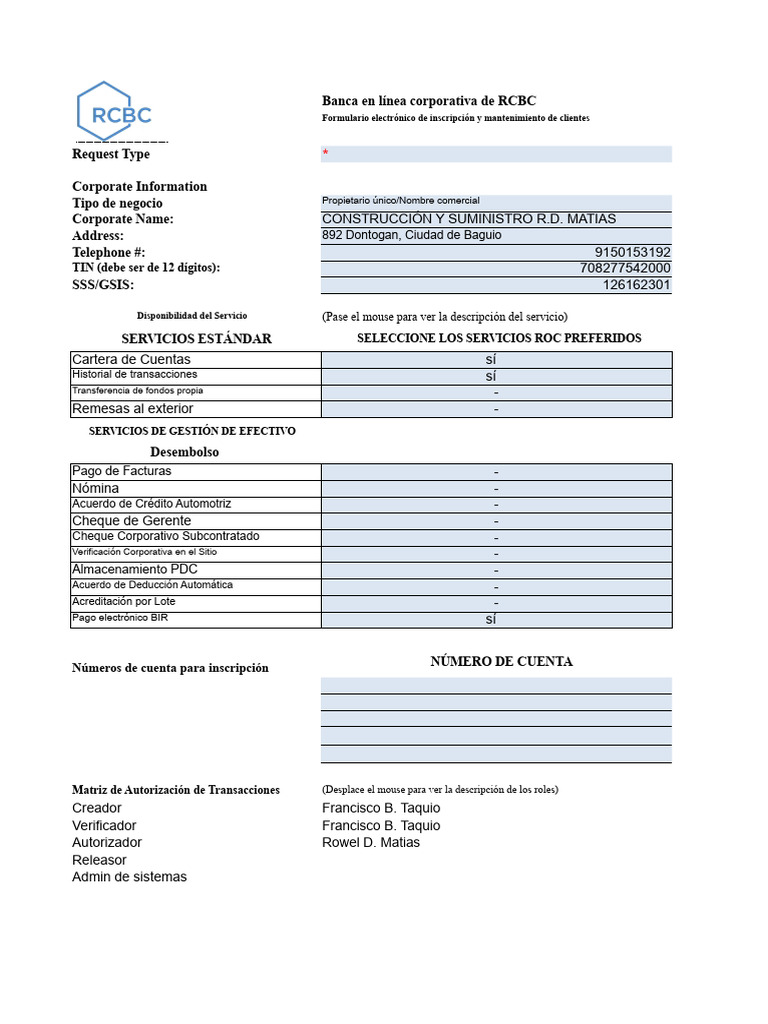 Inscripción en Banca Corporativa RCBC | PDF | Transferencia bancaria ...