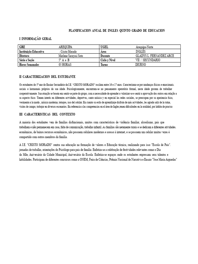 Planejamento Anual de Inglês 5º Ano | PDF | Informação | Aprendizado