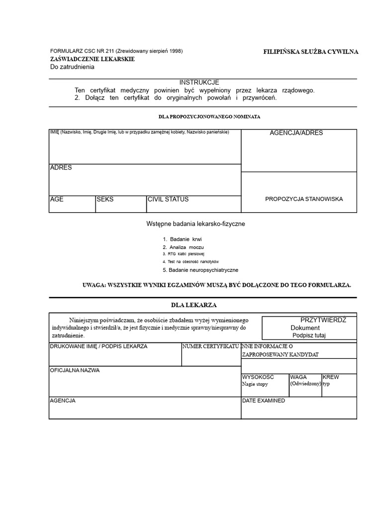 Formularz CSC 211 Zaświadczenie Lekarskie | PDF