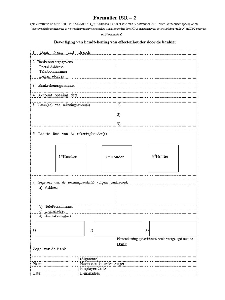 Formulier ISR 2: Bevestiging Van Handtekening Van Effectenhouder Door ...