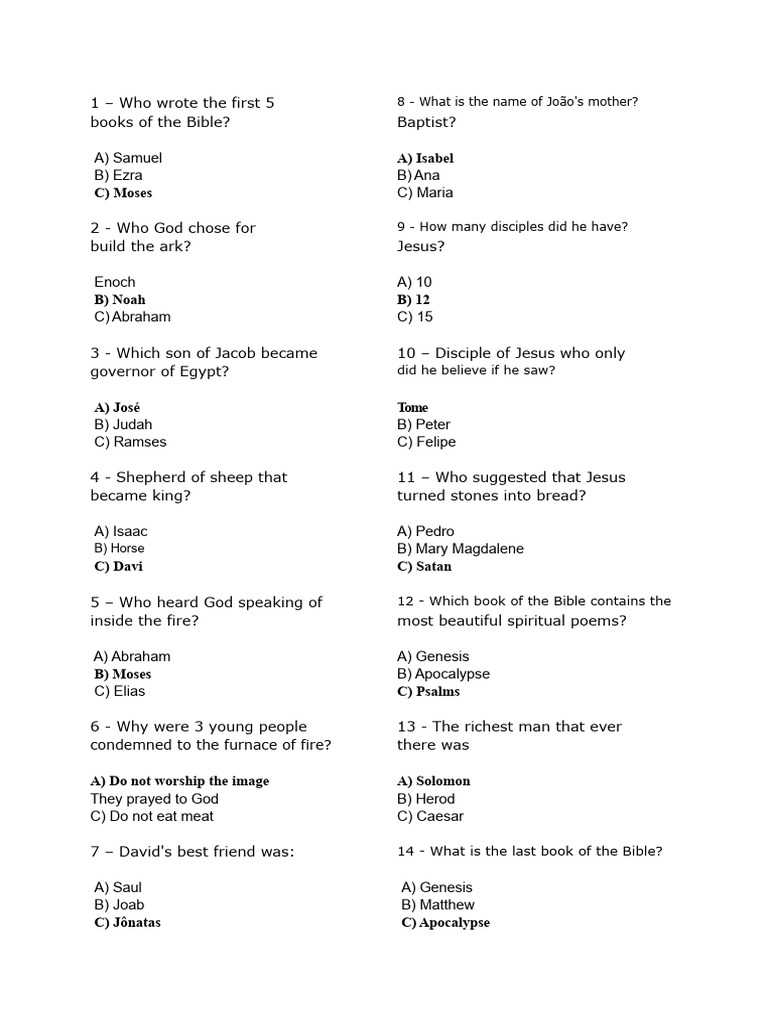 Bible Questionnaire | PDF | Moses | Jesus