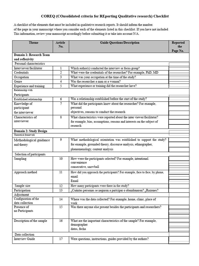 COREQ Checklist for Qualitative Research | PDF | Focus Group | Methodology