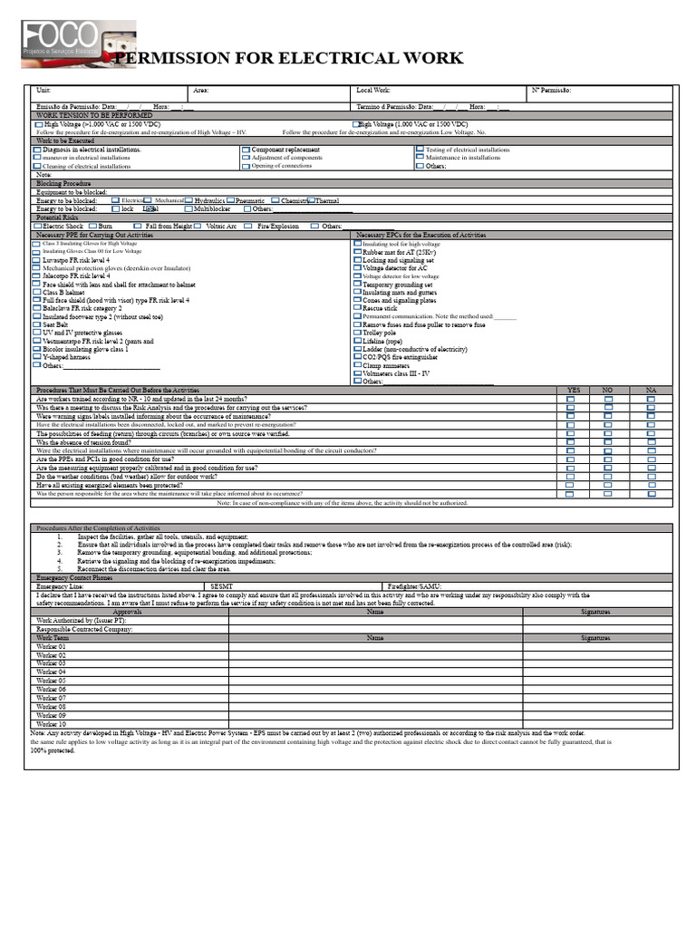 High Voltage Electrical Work Permission Form | PDF | High Voltage | Voltage