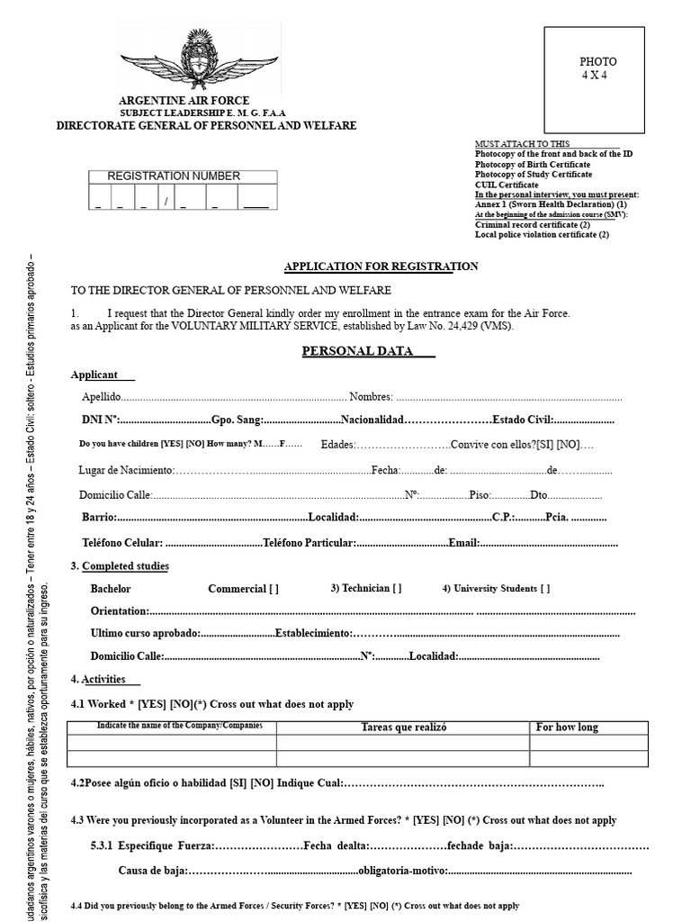 Argentine Air Force Enrollment Application | PDF