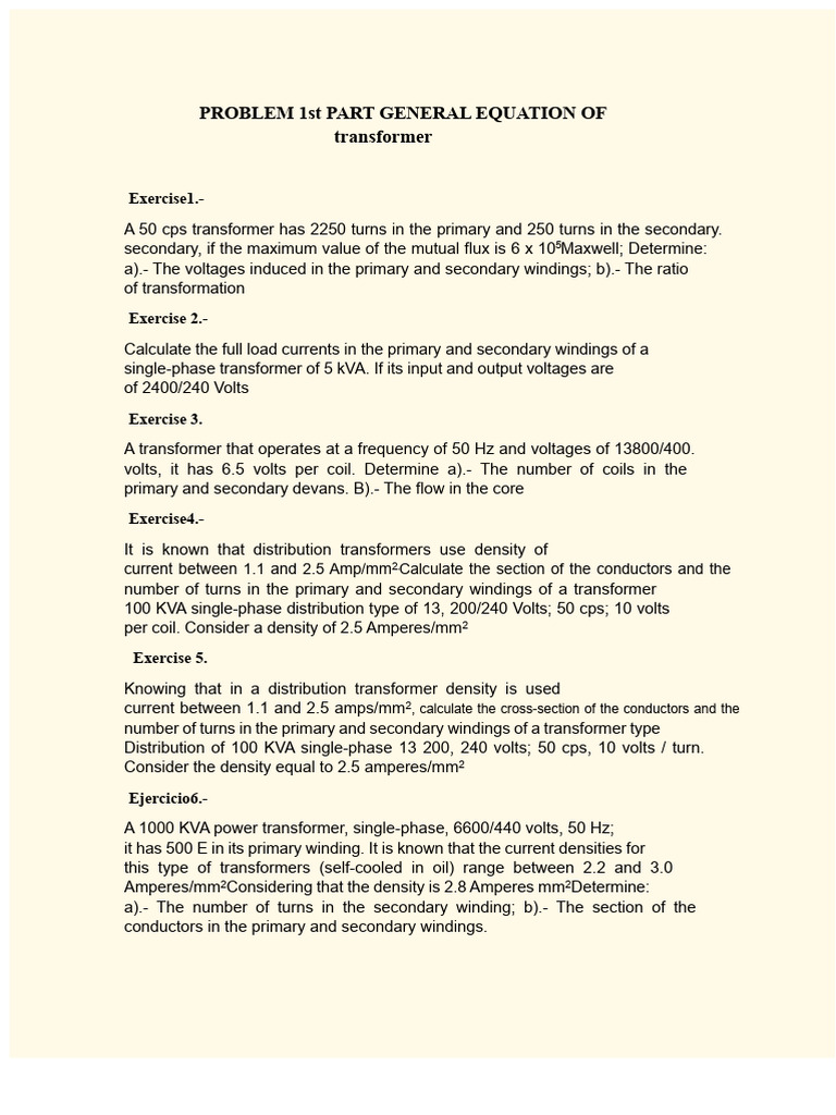 Transformer Calculations and Exercises | PDF | Transformer | Inductor
