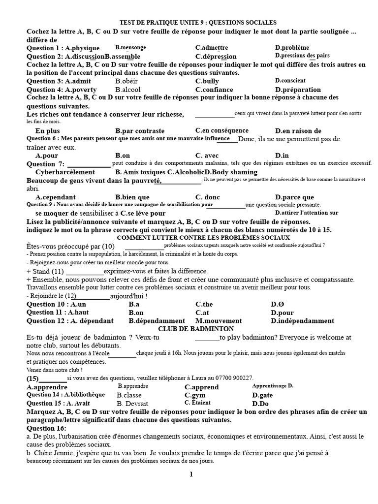 Questions sociales : Test de pratique | PDF | Cyberharcèlement ...