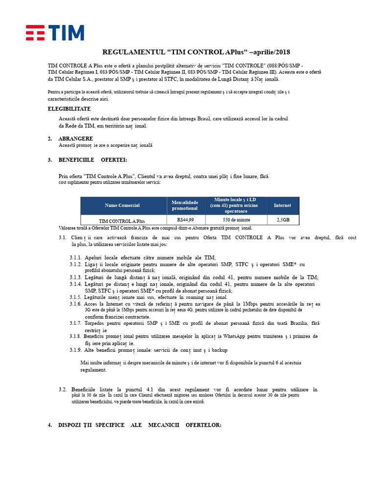 Regulamentul Tim Controle A Plus | PDF