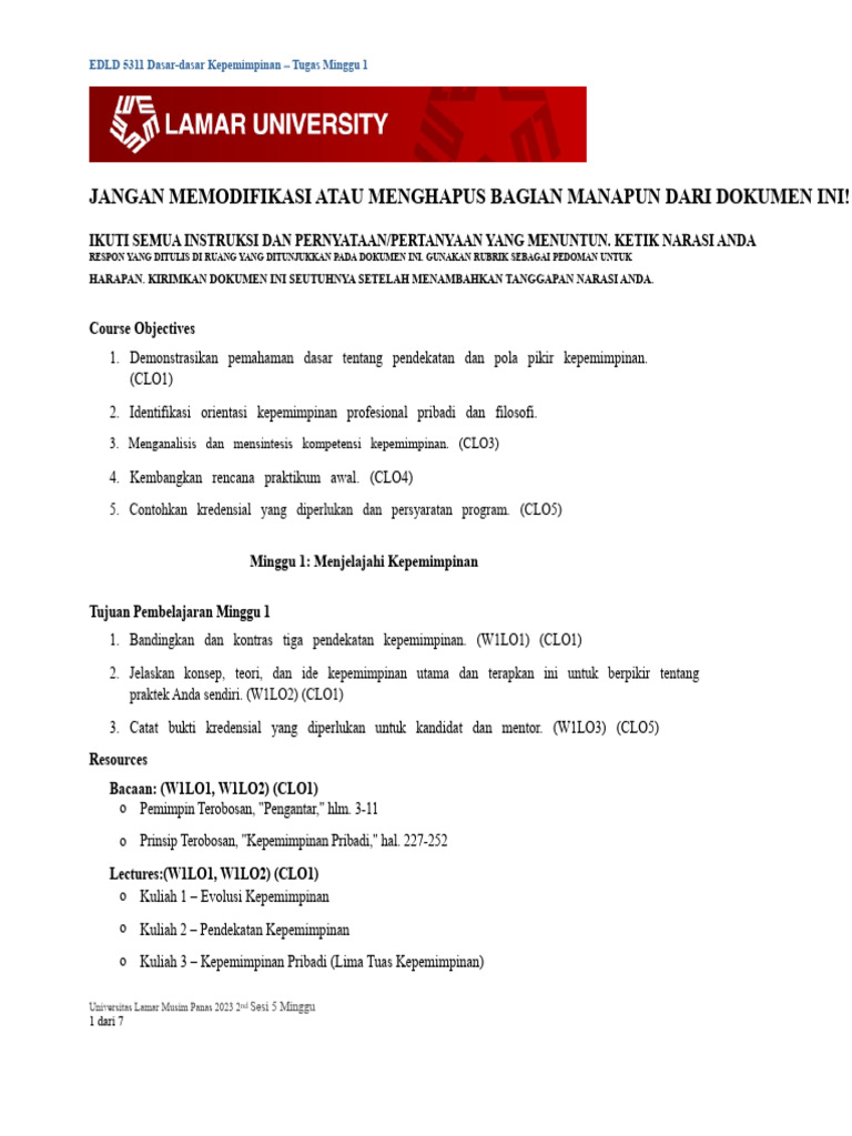 EDLD 5311 Tugas Minggu 1 - Menjelajahi Kepemimpinan | PDF