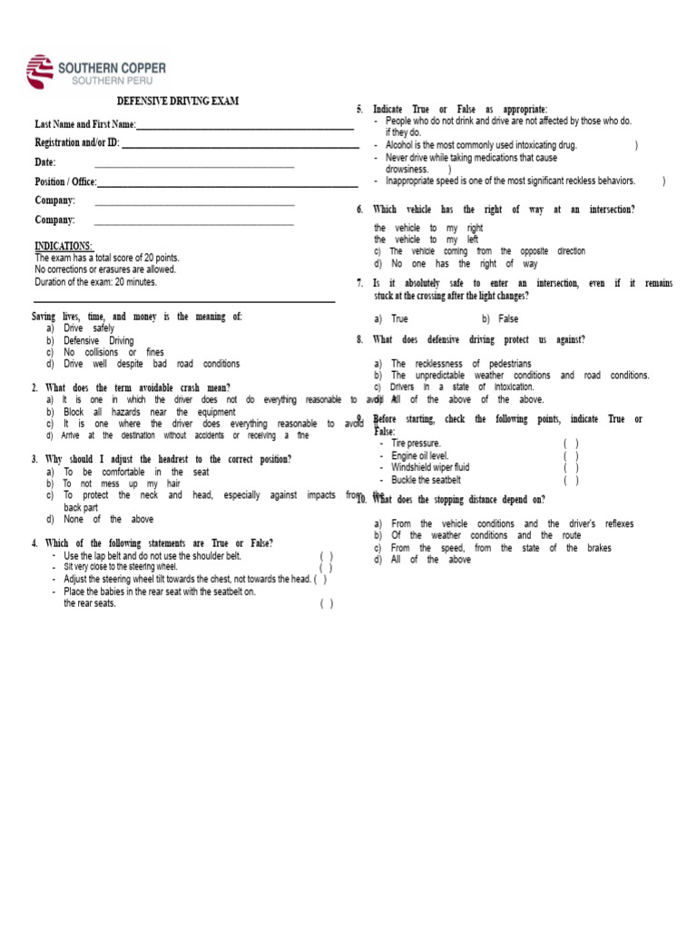 Defensive Driving Exam | PDF | Seat Belt | Traffic Collision