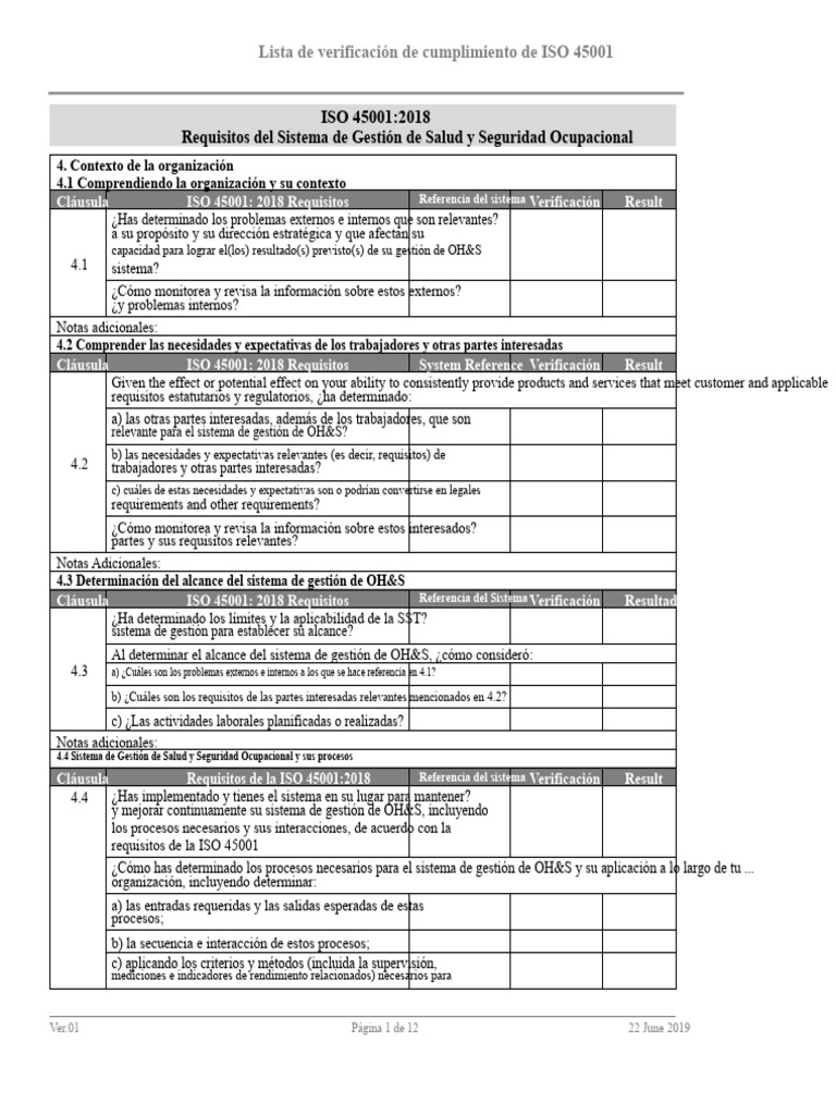 Checklist de Cumplimiento ISO 45001 | PDF | Seguridad y salud ...