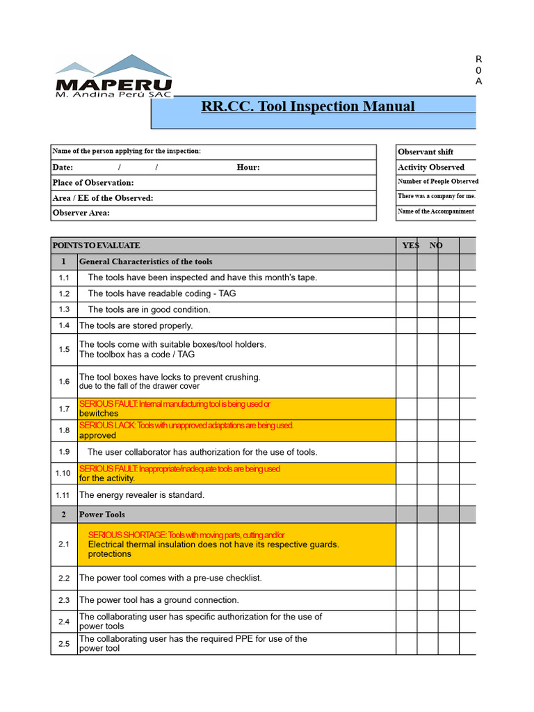 Tool Inspection Checklist Manual | PDF