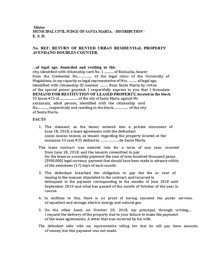Model of Claim For Restitution of Real Estate | PDF | Lease | Common Law