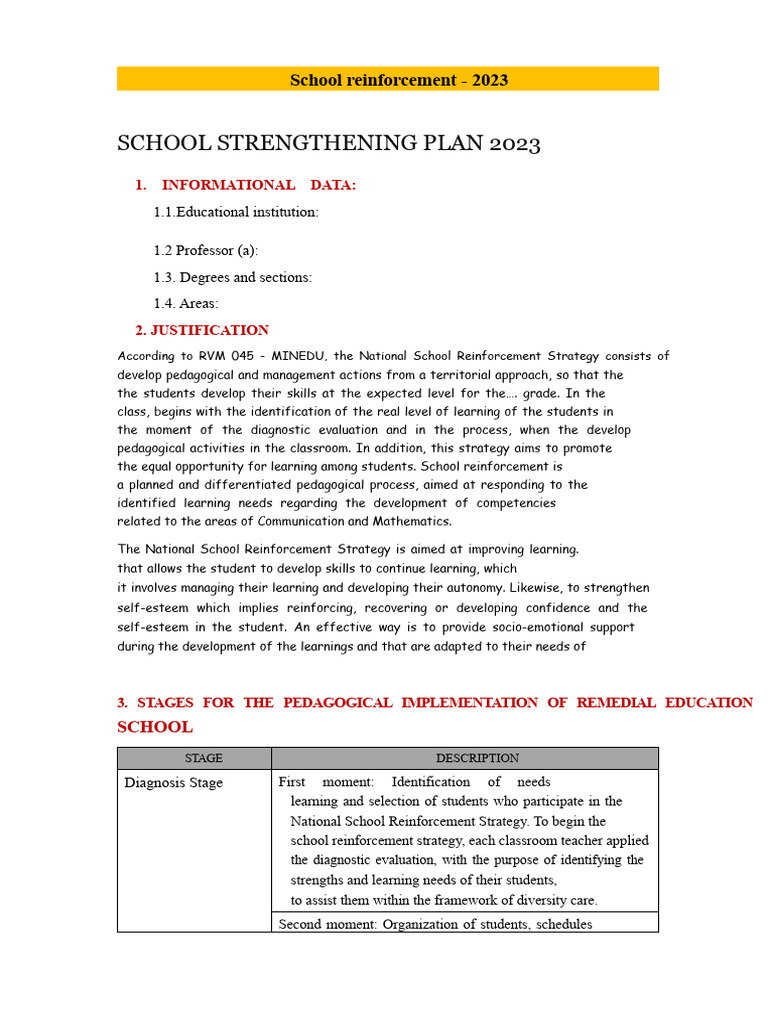 School Reinforcement Plan 2023-Teachers | PDF | Teachers | Learning
