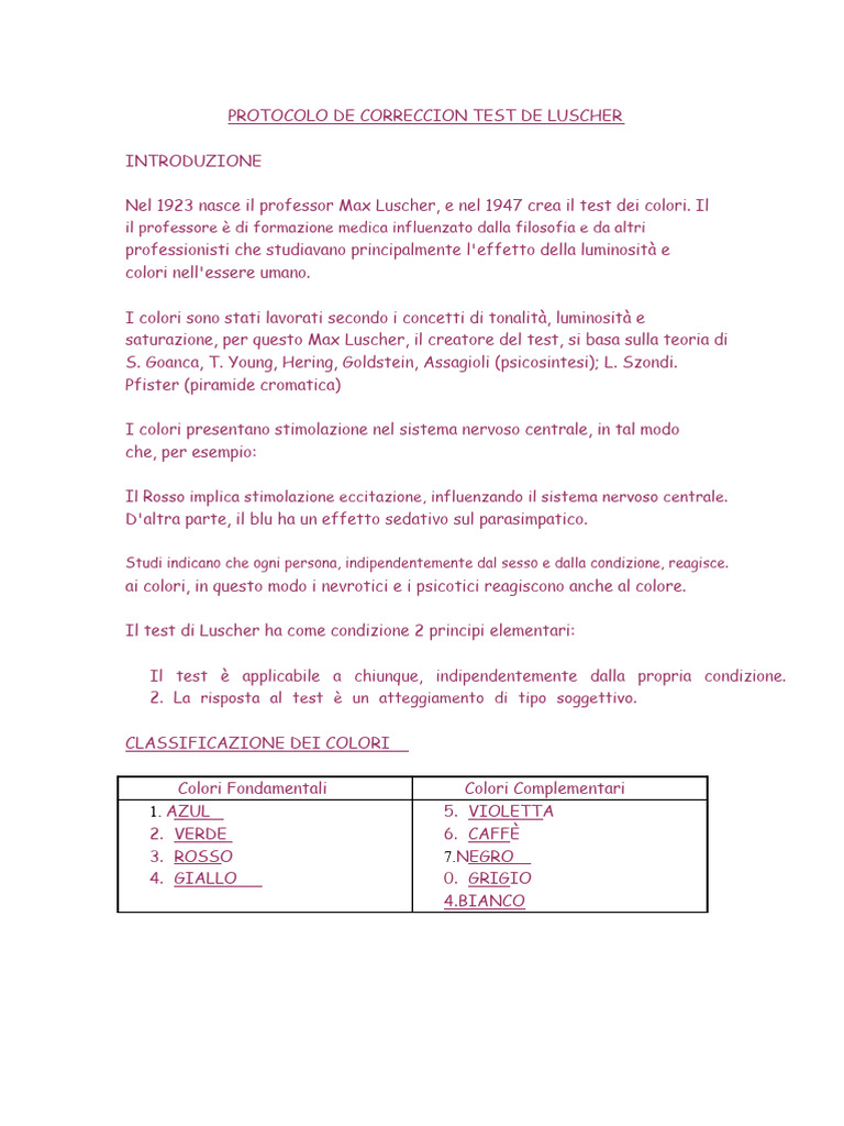 Protocollo Di Correzione Test Di Luscher | PDF