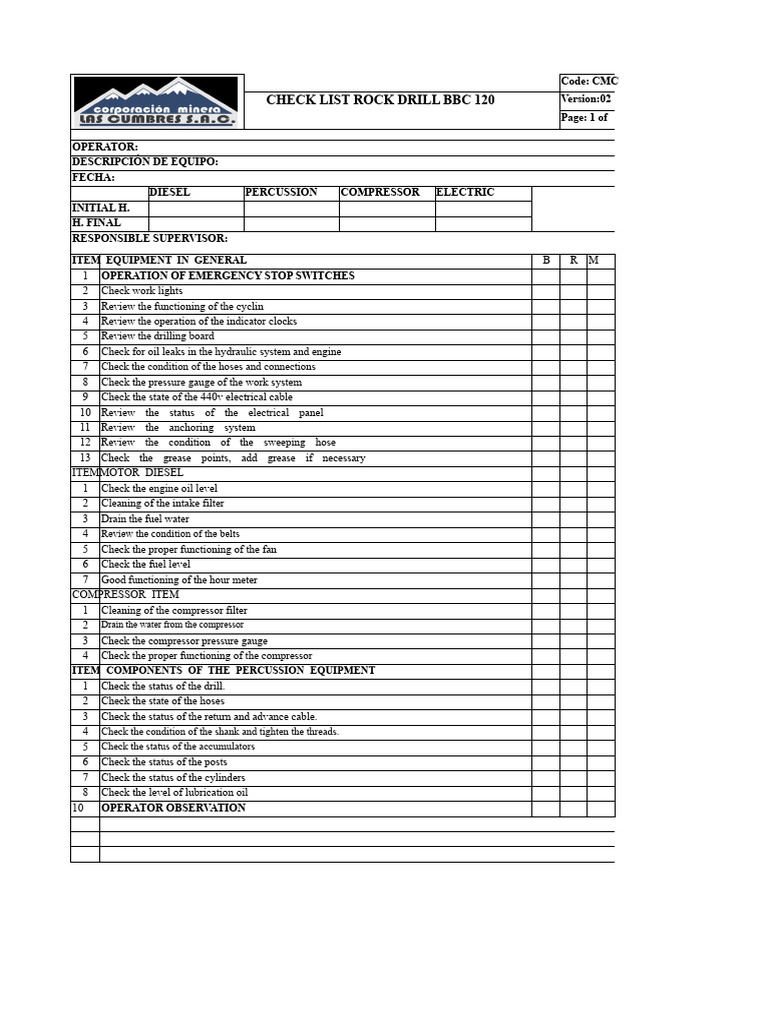 Rock Drill BBC 120 Maintenance Checklist | PDF