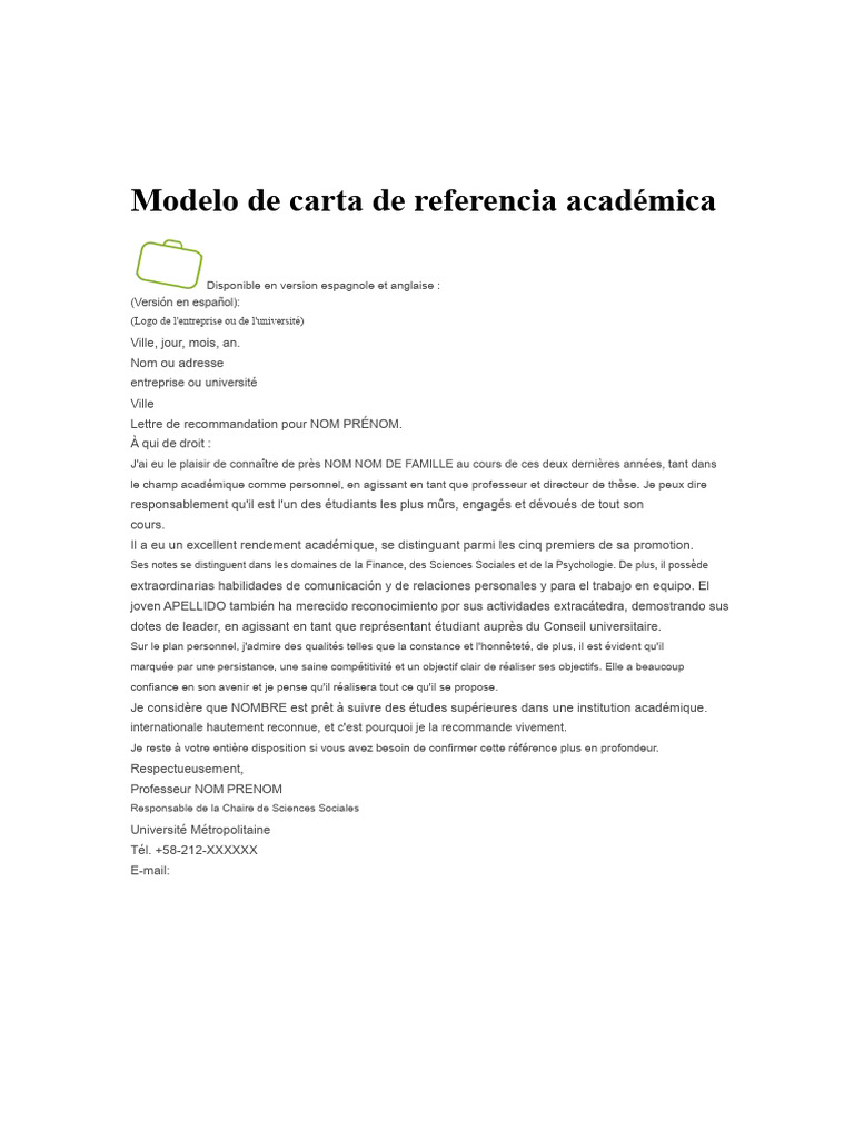 Modèle de Lettre de Référence Académique | PDF