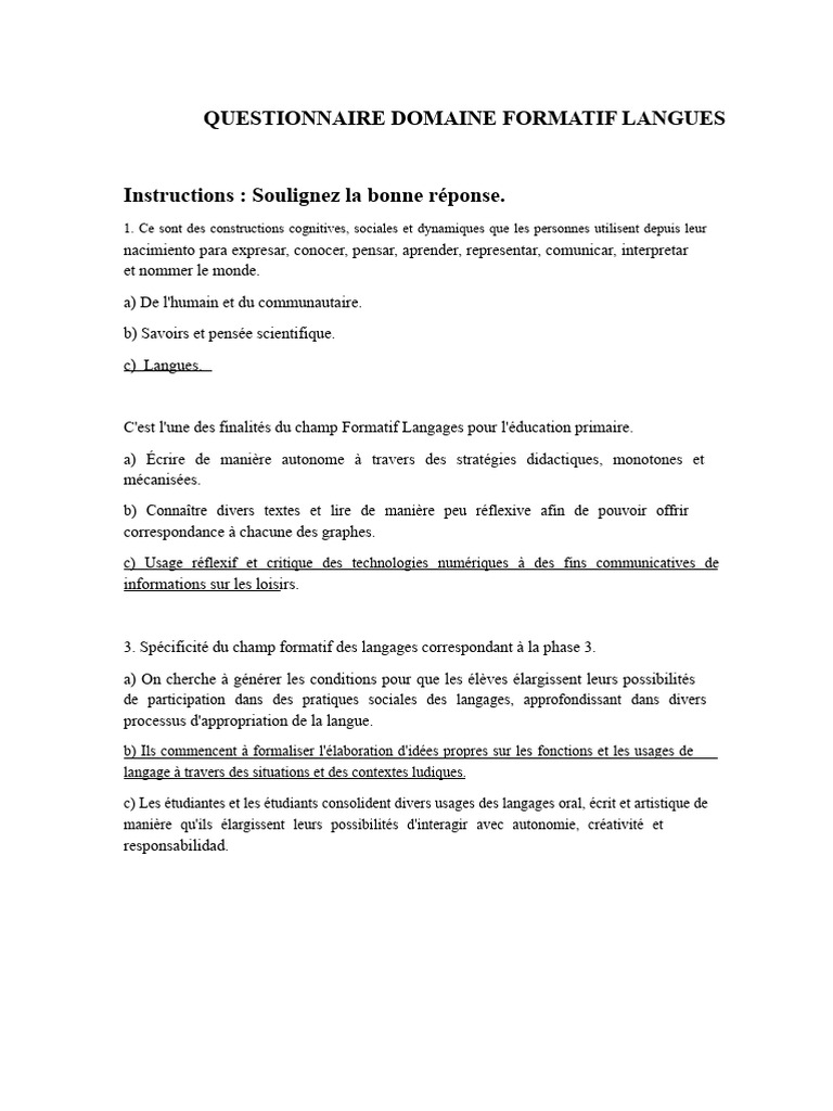 Questionnaire sur le champ formatif des langages | PDF | Créativité ...