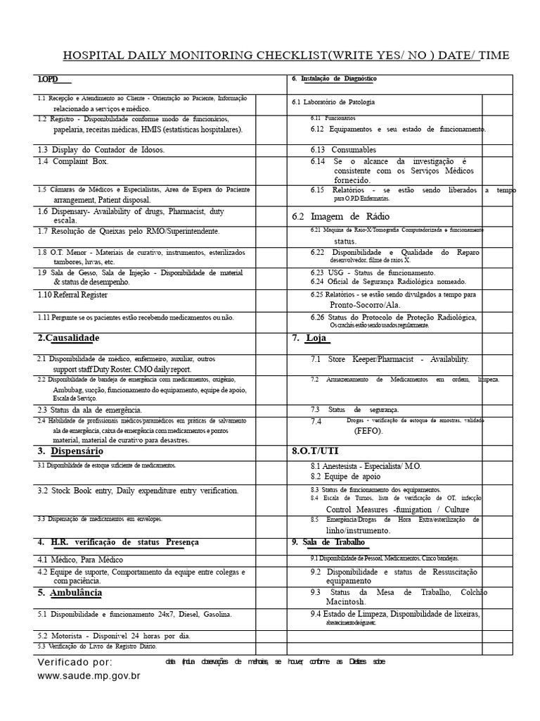 Checklist Diário de Monitoramento Hospitalar | PDF | Remédio | Sistema ...