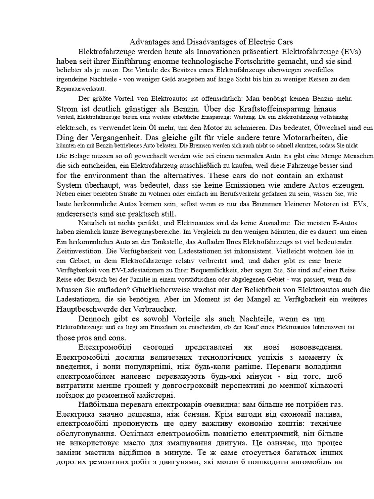 Vorteile Und Nachteile Von Elektroautos | PDF