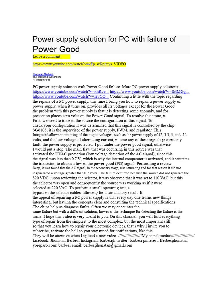Fixing PC Power Supply Power Good Issue | PDF | Power Supply | Capacitor