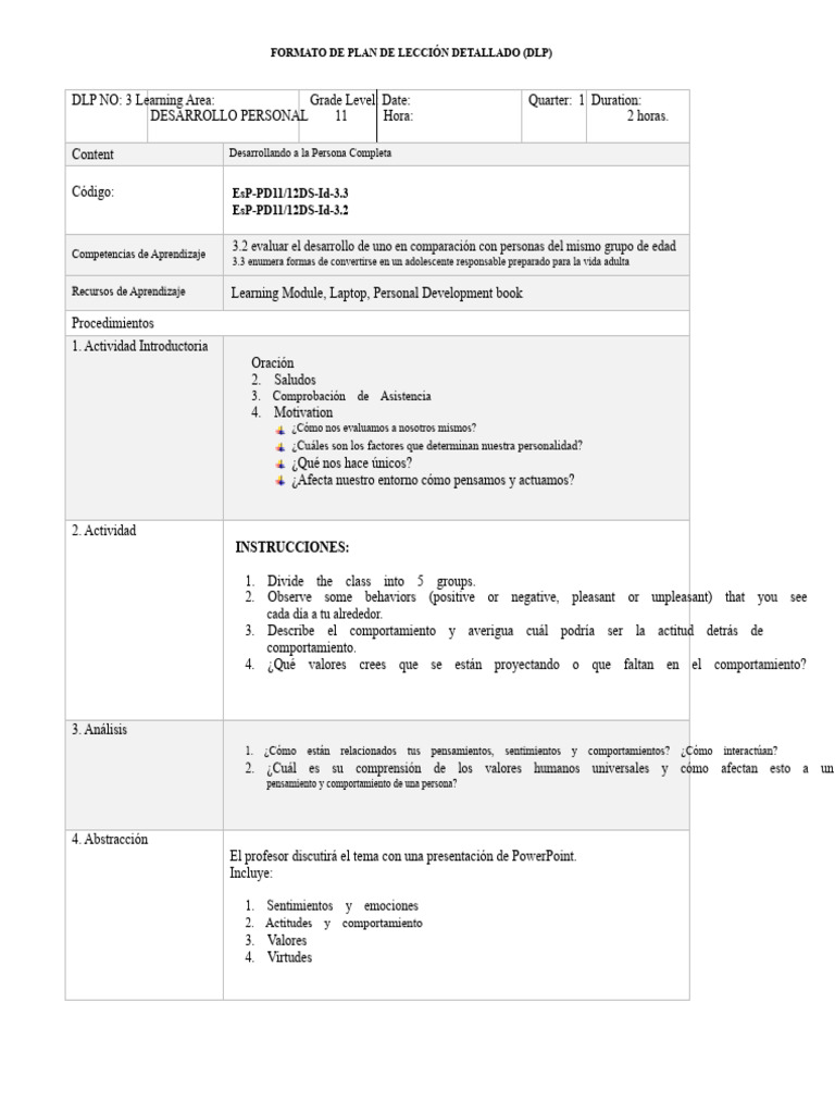 Plan de Lección: Desarrollo Personal | PDF | Comportamiento | Las emociones