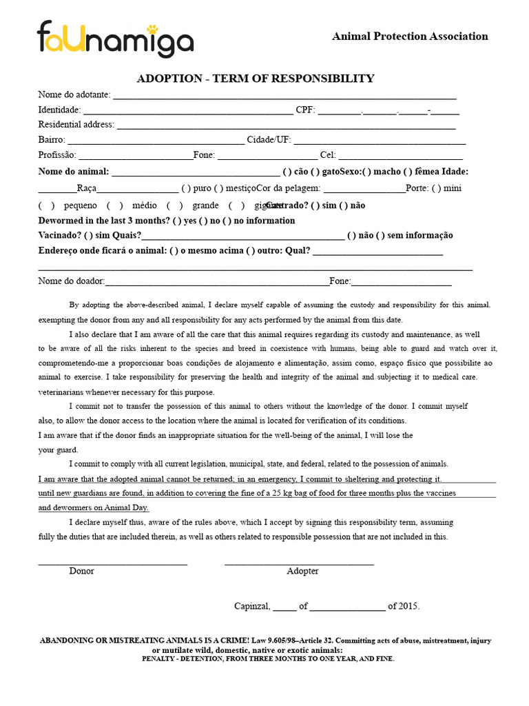 Animal Adoption Responsibility Agreement | PDF | Justice | Crime & Violence