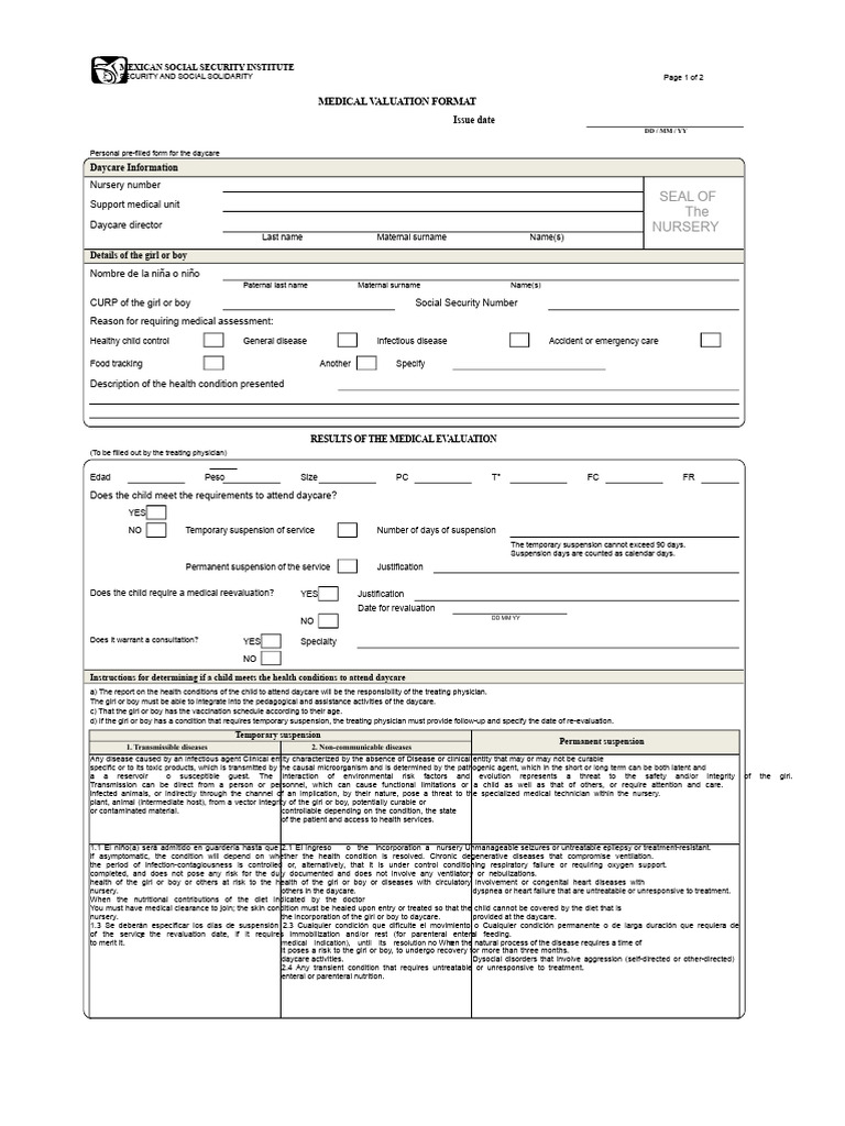 Medical Evaluation Form for Daycare | PDF | Infection | Clinical Medicine