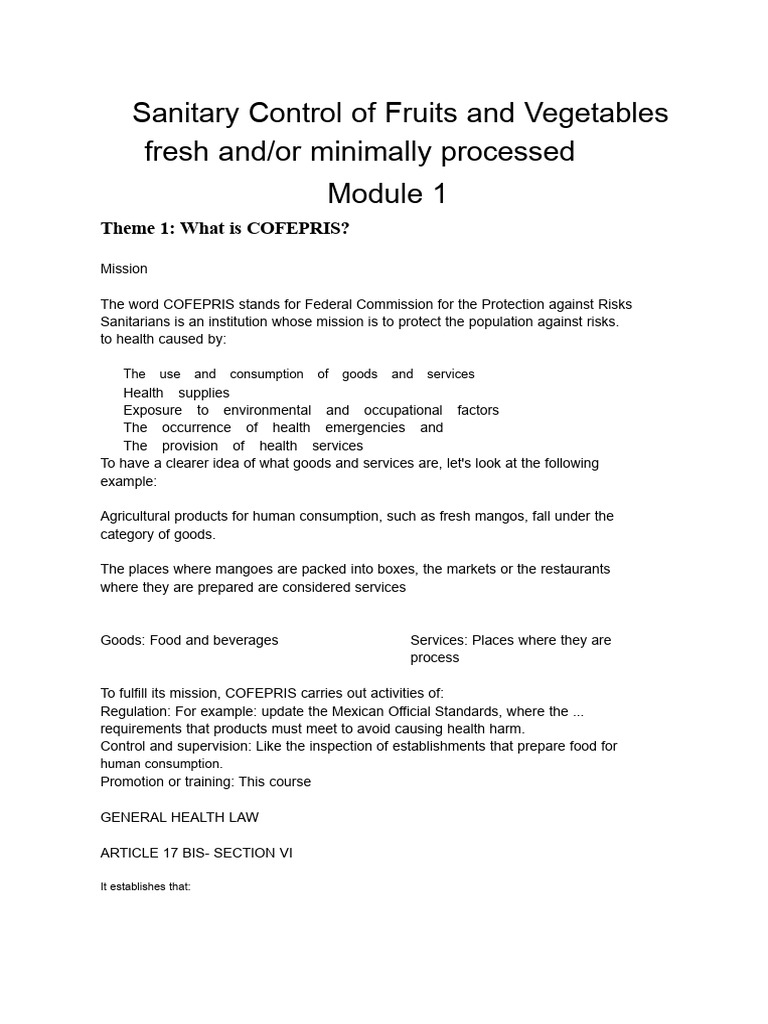 Health Control of Fresh Fruits and Vegetables And/or Minimally ...