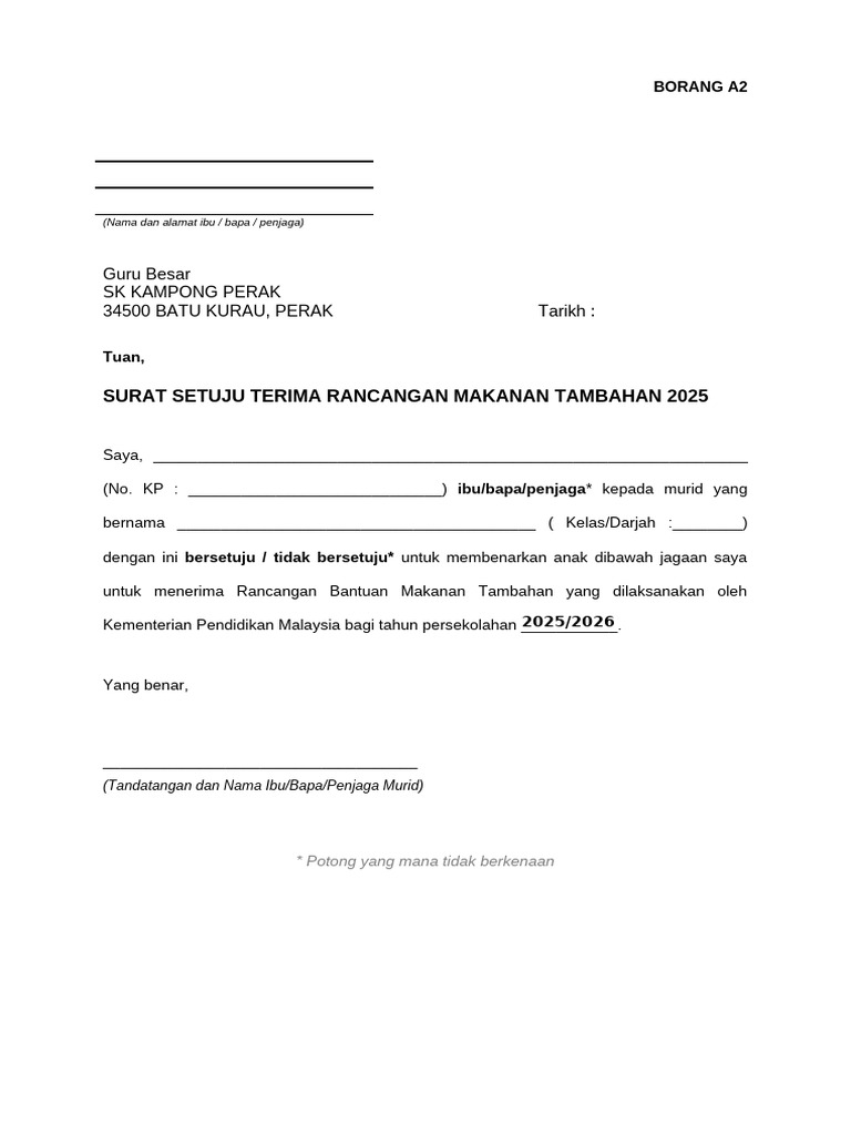 SURAT Setuju Terima RMT Dan Susu 2025 | PDF