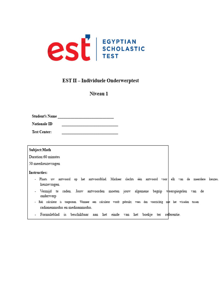 EST II - Wiskunde Niveau 1 - Juni 2021 | PDF