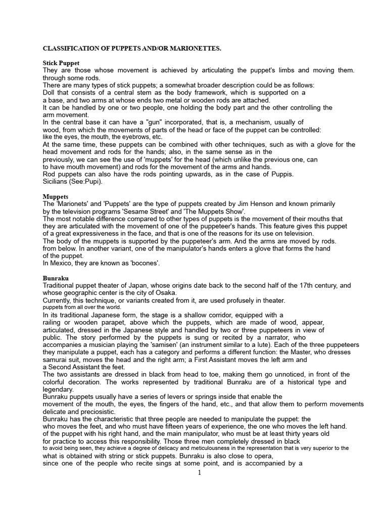 Types of Puppets or Marionettes | PDF | Puppets | Performing Arts
