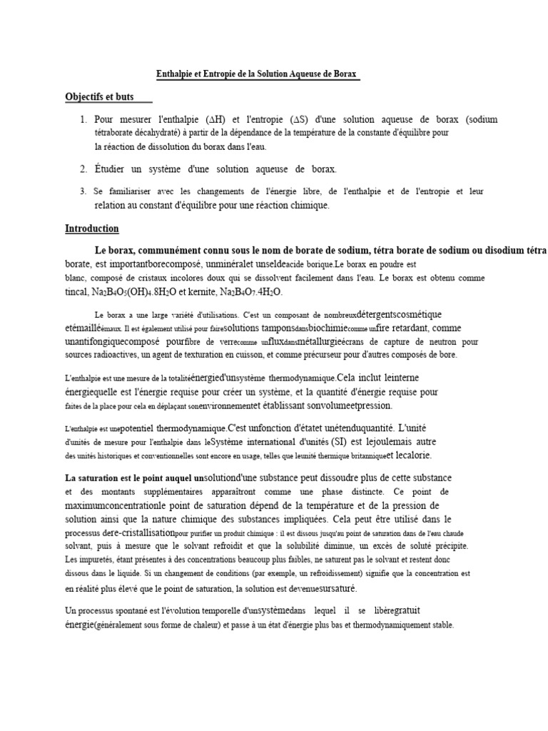 Enthalpie et Entropie du Borax Aqueux | PDF | Équilibre chimique ...